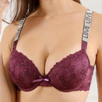 Beauwear Letter Straps Push Up Bra no Foam Comfy Breathable Floral Lace Everyday Bra with Wire - Purple / 90B