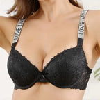 Beauwear Letter Straps Push Up Bra no Foam Comfy Breathable Floral Lace Everyday Bra with Wire - Black / 90B