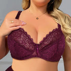 BEAUWEAR Plain Floral Lace Bra for Woman Plus Size Bra with Wire no Foam Full Cup Lingerie - WineRed / 95E