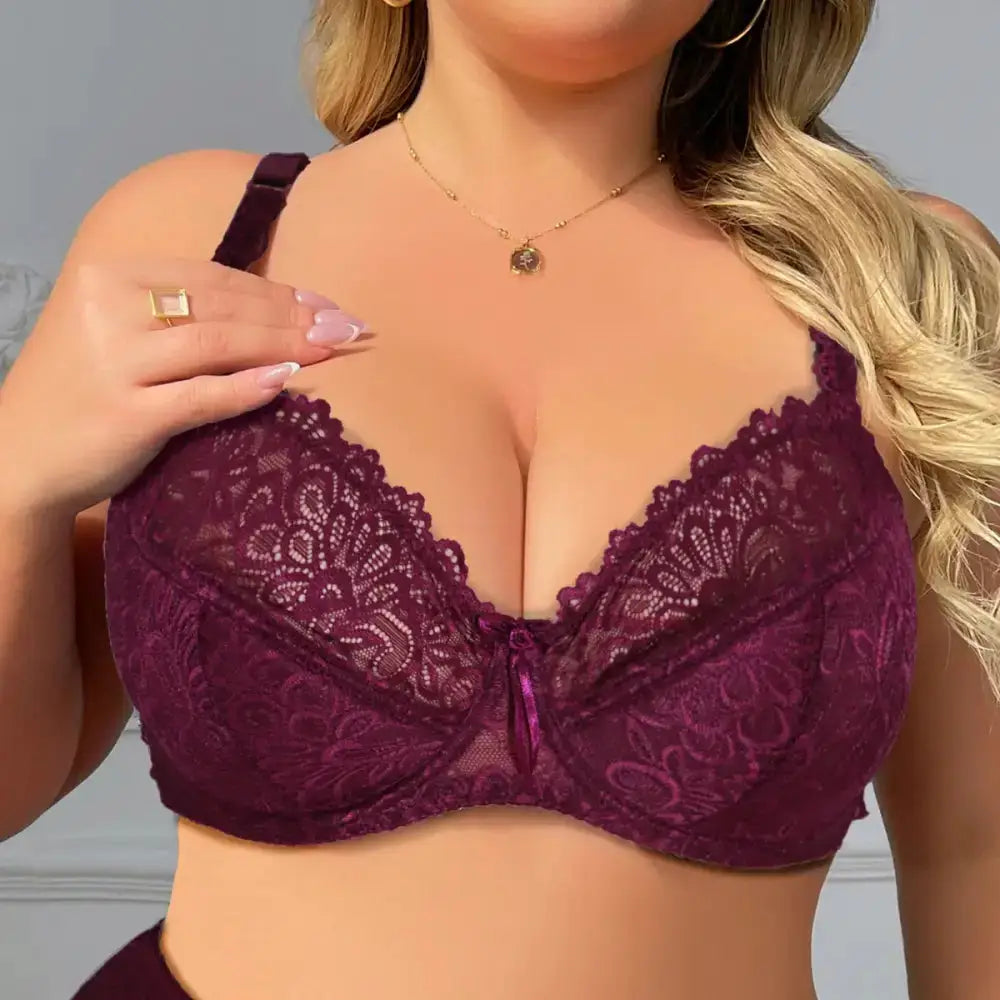 BEAUWEAR Plain Floral Lace Bra for Woman Plus Size Bra with Wire no Foam Full Cup Lingerie - WineRed / 95E
