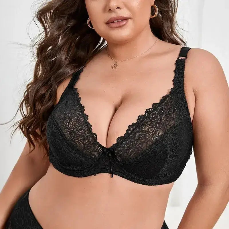 BEAUWEAR Plain Floral Lace Bra for Woman Plus Size Bra with Wire no Foam Full Cup Lingerie - Black / 95E