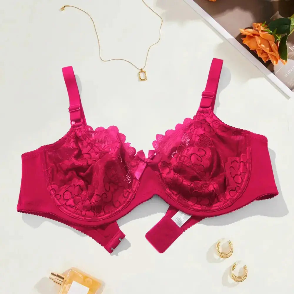 BEAUWEAR Plain Floral Lace Bras for Women Plus Size Lingerie Thin Unlined Bra with WIre 80E 85E 90E 95E 100E 105E - Red