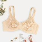 Beauwear Plus Size Sexy Bra Women’s Plus Solid Contrast Embroidery Lace Underwire Full Coverage Bra - Beige / 100C