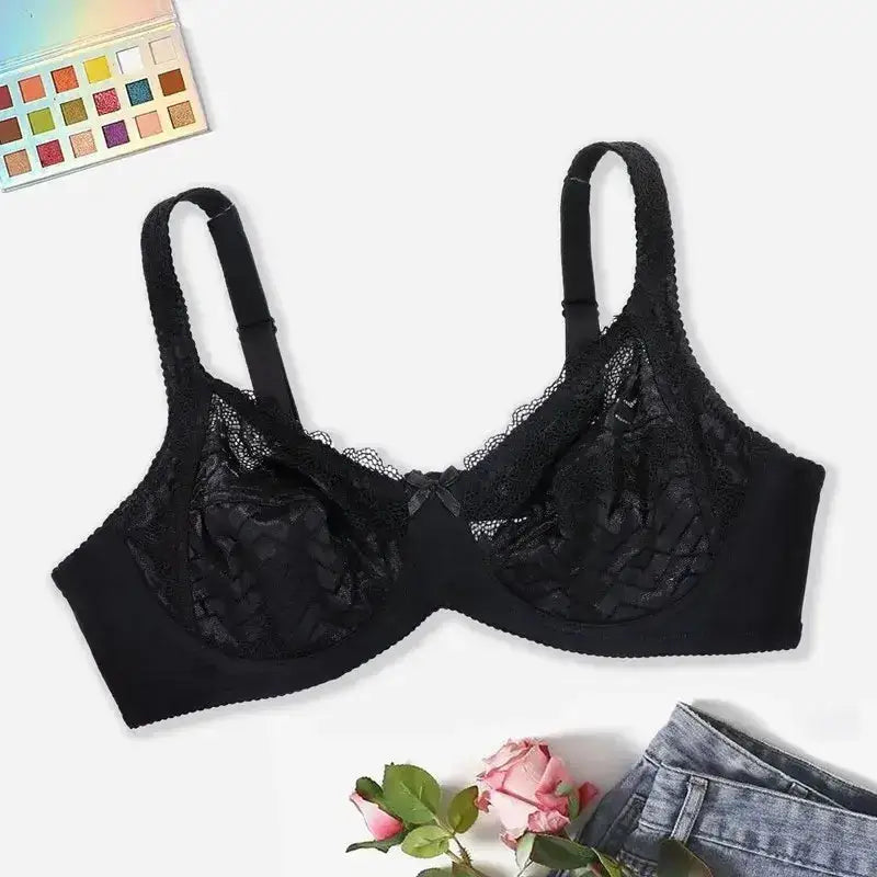 Beauwear Plus Size Sexy Bra Women’s Plus Solid Contrast Embroidery Lace Underwire Full Coverage Bra - Black / 85C