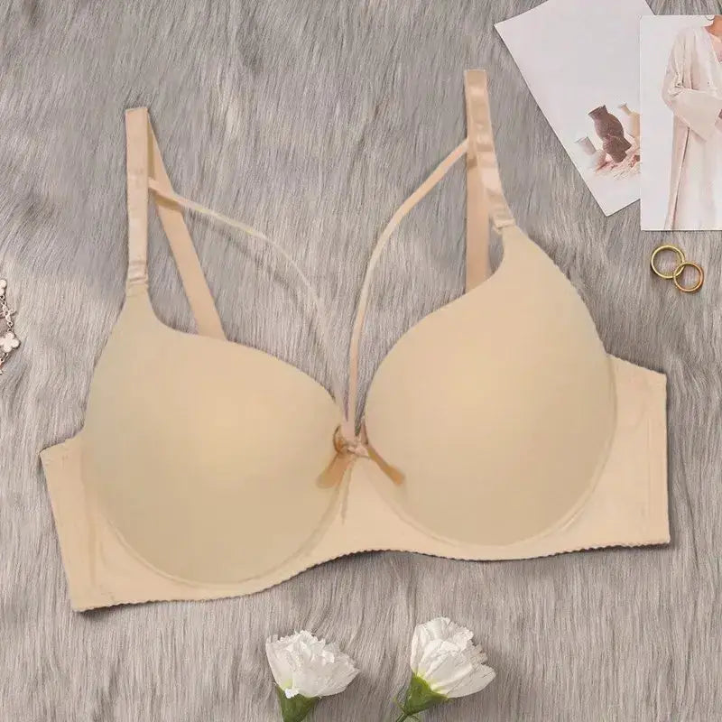 Beauwear Simple Solid T-Shirt Bra for Women Comfy Breathable Cut Out Push Up Bra with Foam - Beige / 80C
