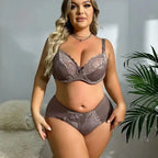 BEAUWEAR Women Plus Size Bra and Panty Set Floral Lace Underwear Set Ultrathin Unlined lingerie Set 85D 90D 95D 100D
