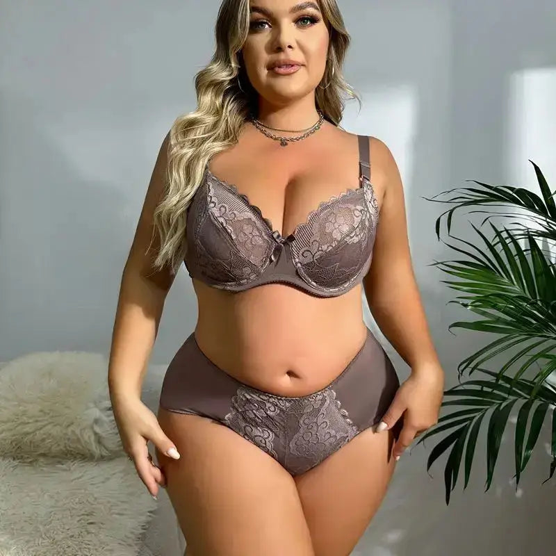 Women Plus Size Floral Lace Bra and Panty Set Ultrathin Unlined Lingerie 85D to 110D - The Lady's Haven Boutique