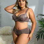 BEAUWEAR Women Plus Size Bra and Panty Set Floral Lace Underwear Set Ultrathin Unlined lingerie Set 85D 90D 95D 100D