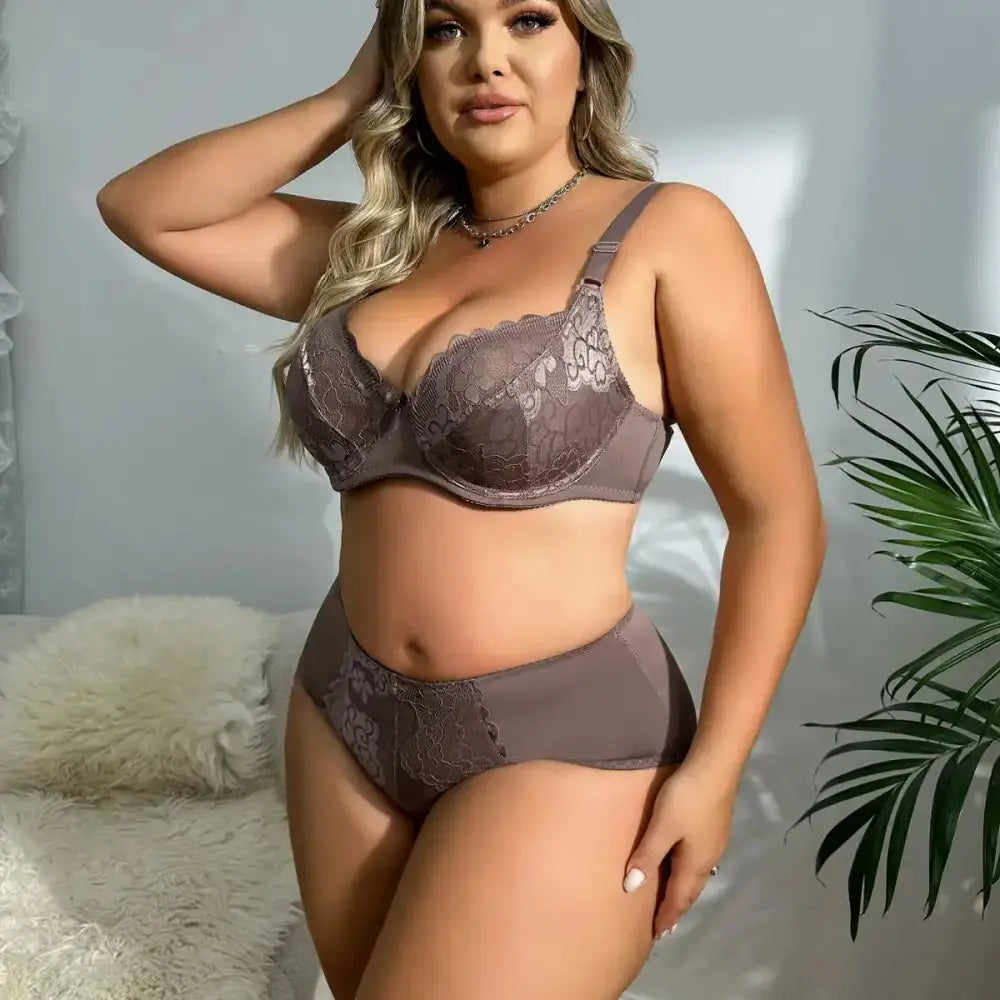 BEAUWEAR Women Plus Size Bra and Panty Set Floral Lace Underwear Set Ultrathin Unlined lingerie Set 85D 90D 95D 100D