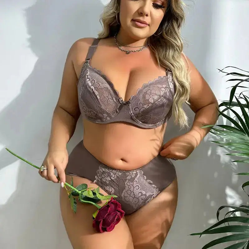 Women Plus Size Floral Lace Bra and Panty Set Ultrathin Unlined Lingerie 85D to 110D - The Lady's Haven Boutique
