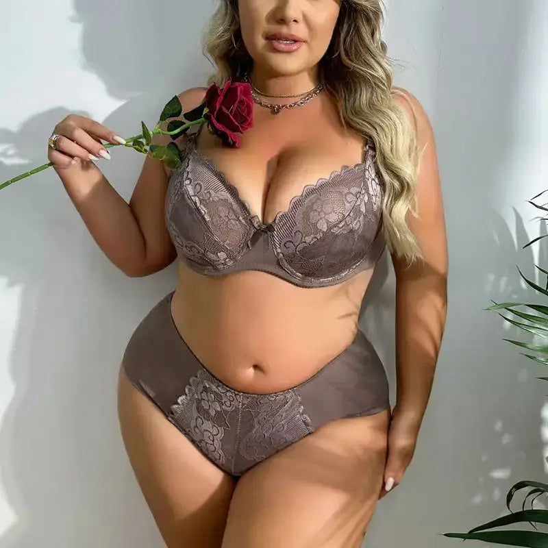 Women Plus Size Floral Lace Bra and Panty Set Ultrathin Unlined Lingerie 85D to 110D - The Lady's Haven Boutique
