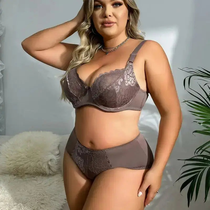 BEAUWEAR Women Plus Size Bra and Panty Set Floral Lace Underwear Set Ultrathin Unlined lingerie Set 85D 90D 95D 100D