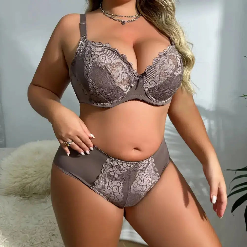 Women Plus Size Floral Lace Bra and Panty Set Ultrathin Unlined Lingerie 85D to 110D - The Lady's Haven Boutique