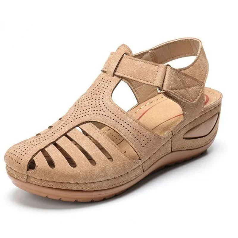 Beige open-toe stylish bunion corrector summer sandals with adjustable strap and cushioned sole