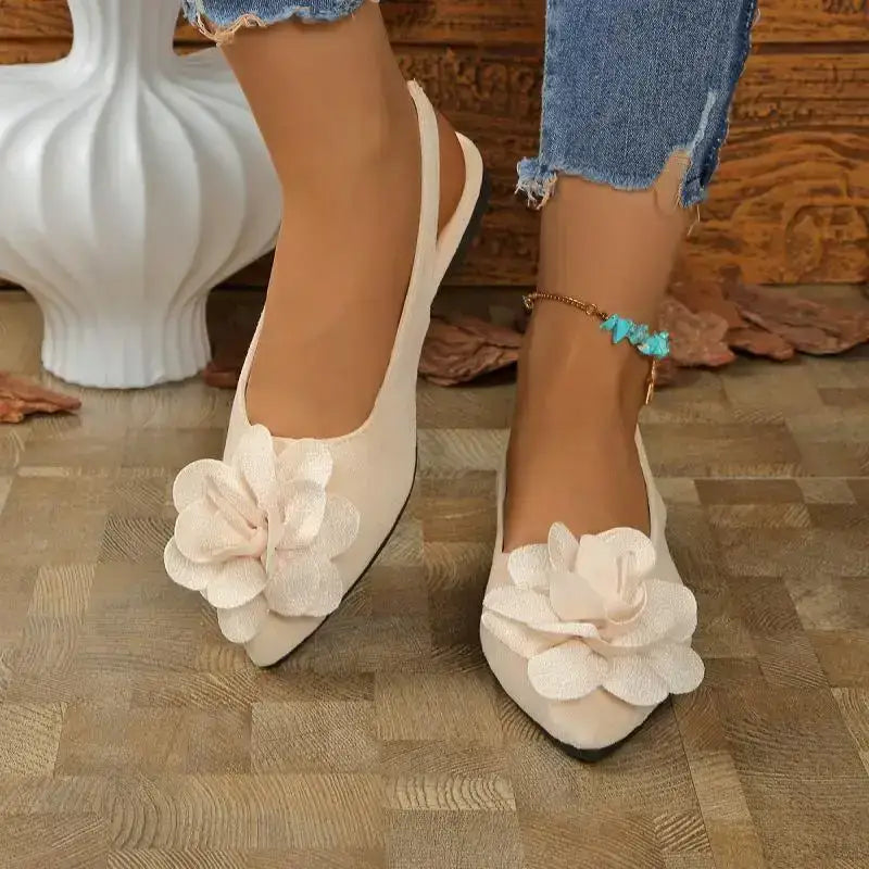 The Lady's Haven Boutique flat heel big flower embellished sandals in soft beige with ankle straps