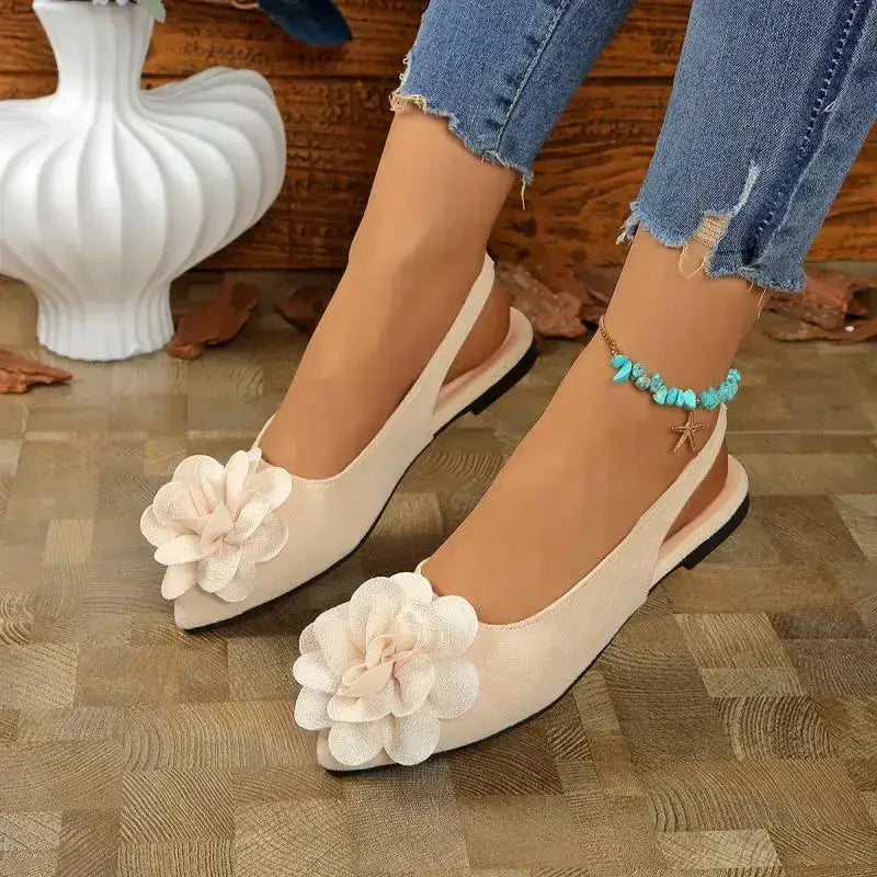 The Lady's Haven Boutique big flower embellished sandals flat heel beige slingback shoes
