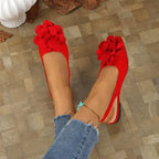 The Lady's Haven Boutique red big flower embellished sandals flat heel for stylish comfort