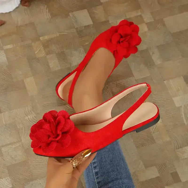 Red flat heel big flower embellished sandals from The Lady's Haven Boutique with slingback design