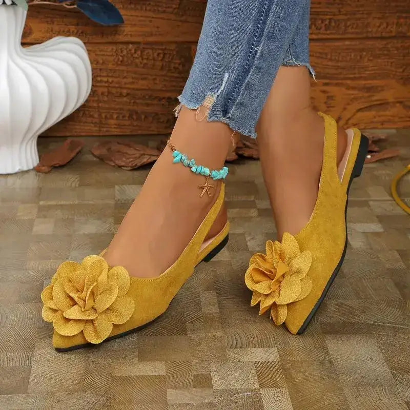 The Lady's Haven Boutique big flower embellished sandals flat heel yellow suede stylish summer footwear
