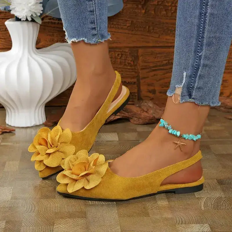 The Lady's Haven Boutique big flower embellished sandals flat heel yellow slingback style
