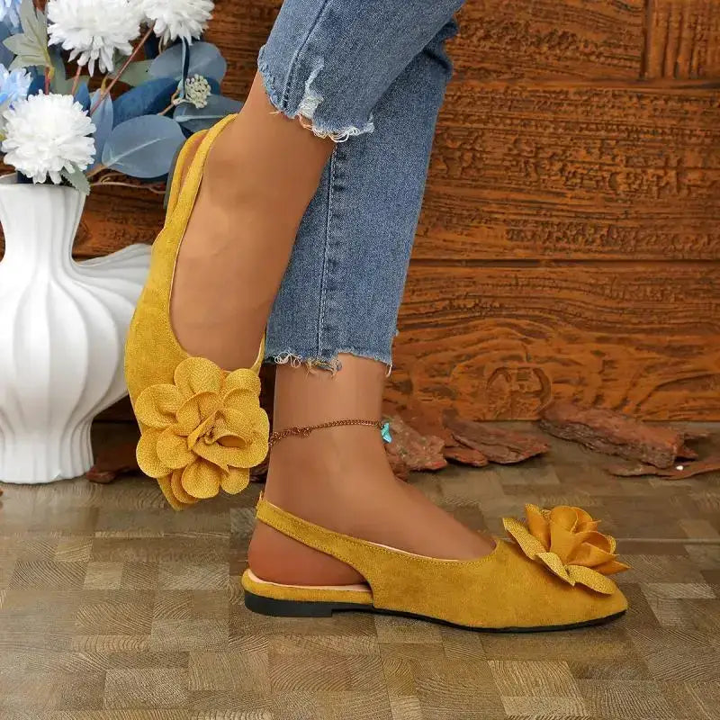 The Lady's Haven Boutique yellow big flower embellished sandals flat heel with ankle strap and casual denim jeans