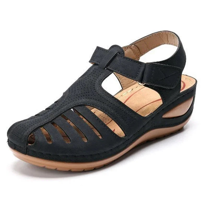 Black leather bunion corrector summer sandals with adjustable strap and cushioned sole