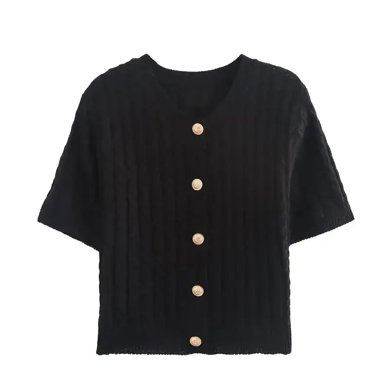 Black cropped sweater cardigan with short sleeves and gold buttons from The Lady's Haven Boutique