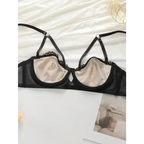 Black and beige low waisted thong bra set with lace trim and adjustable straps from The Lady's Haven Boutique