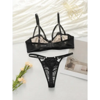 Black low waisted thong bra set with lace detailing and adjustable straps from The Lady's Haven Boutique