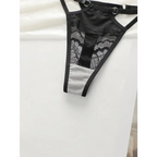 Black lace low waisted thong bra set from The Lady's Haven Boutique with intricate detailing