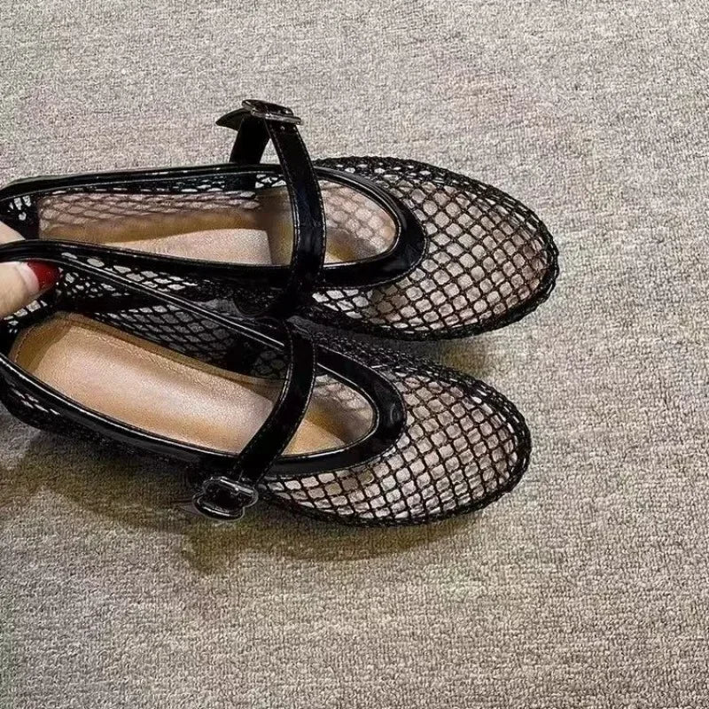 The Lady's Haven Boutique black mesh fashion sandals with buckle strap and cushioned insole