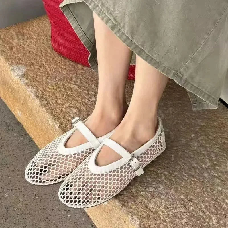 White mesh Mary Jane style sandals with buckle strap, not black mesh fashion sandals