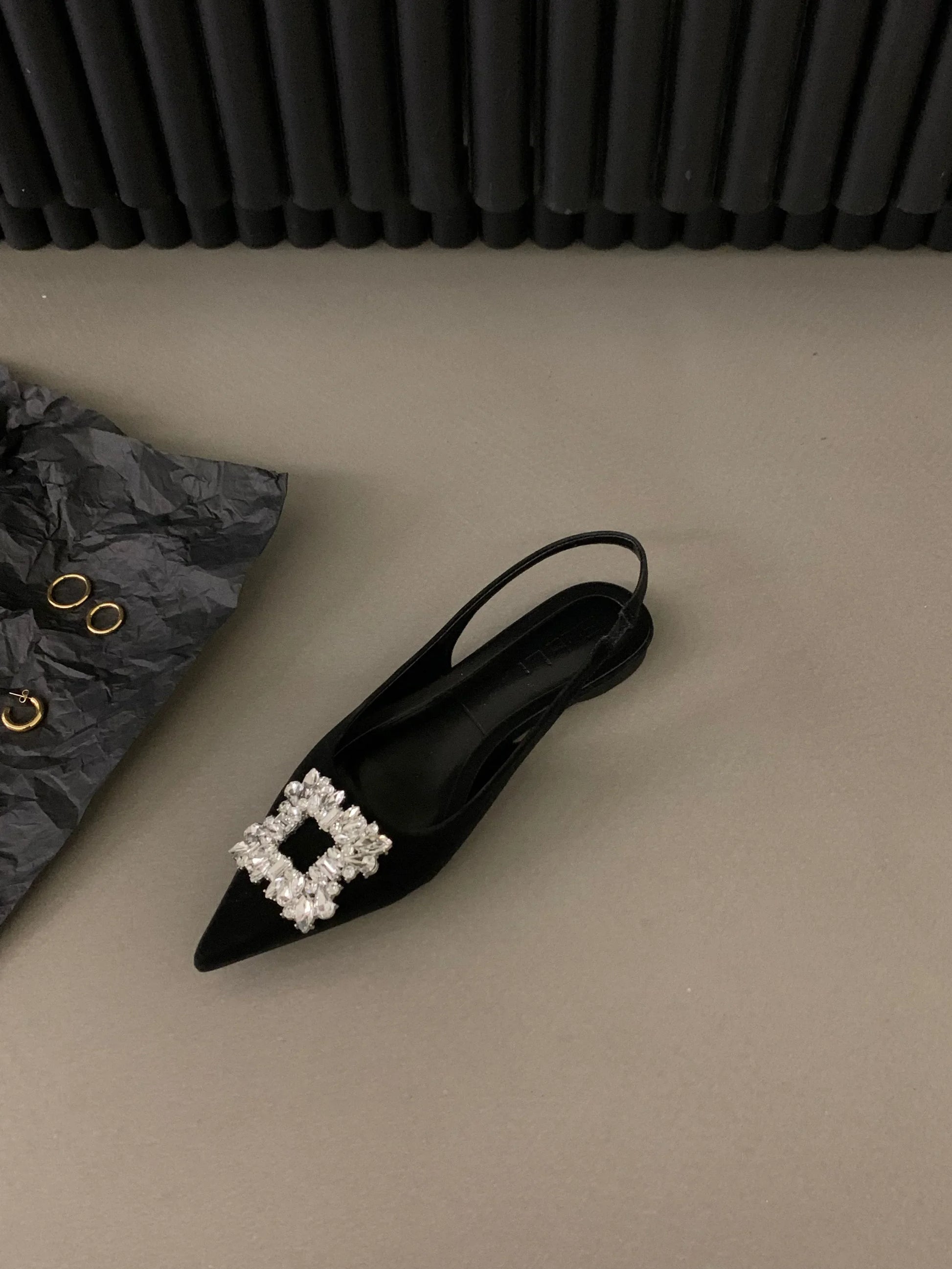 Black pointed toe mid heel sandals with decorative pearl buckle from The Lady's Haven Boutique