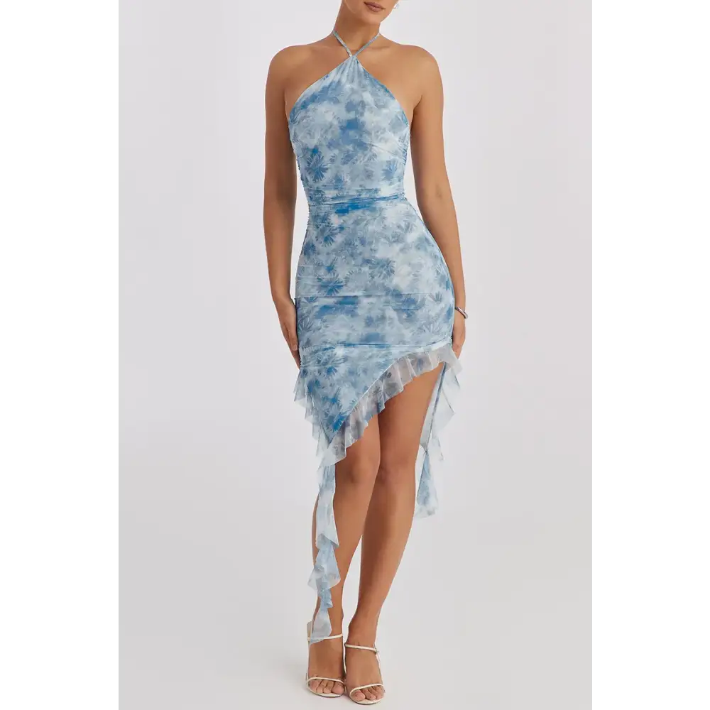Mozision Blue Floral Print Ruffle Mini Dress Women Summer Off-shoulder Sleeveless Backless Bodycon Club Party Long