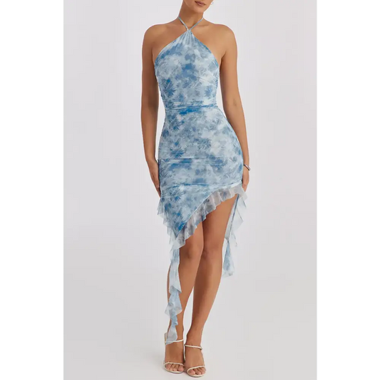 Mozision Blue Floral Print Ruffle Mini Dress Women Summer Off-shoulder Sleeveless Backless Bodycon Club Party Long
