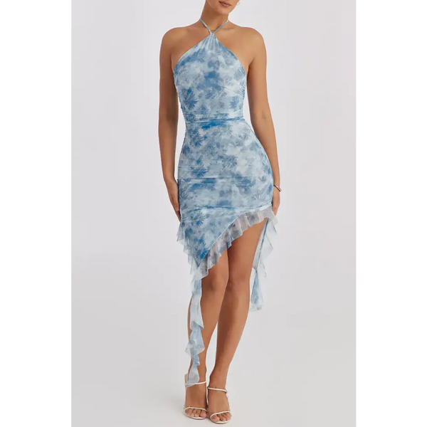Mozision Blue Floral Print Ruffle Mini Dress Women Summer Off-shoulder Sleeveless Backless Bodycon Club Party Long