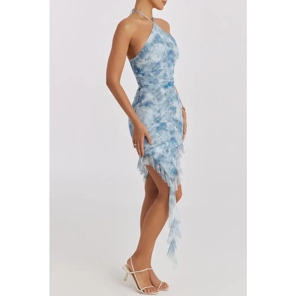 Mozision Blue Floral Print Ruffle Mini Dress Women Summer Off-shoulder Sleeveless Backless Bodycon Club Party Long