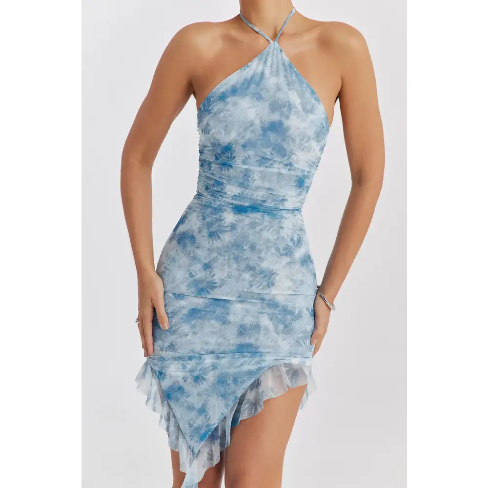 Mozision Blue Floral Print Ruffle Mini Dress Women Summer Off-shoulder Sleeveless Backless Bodycon Club Party Long