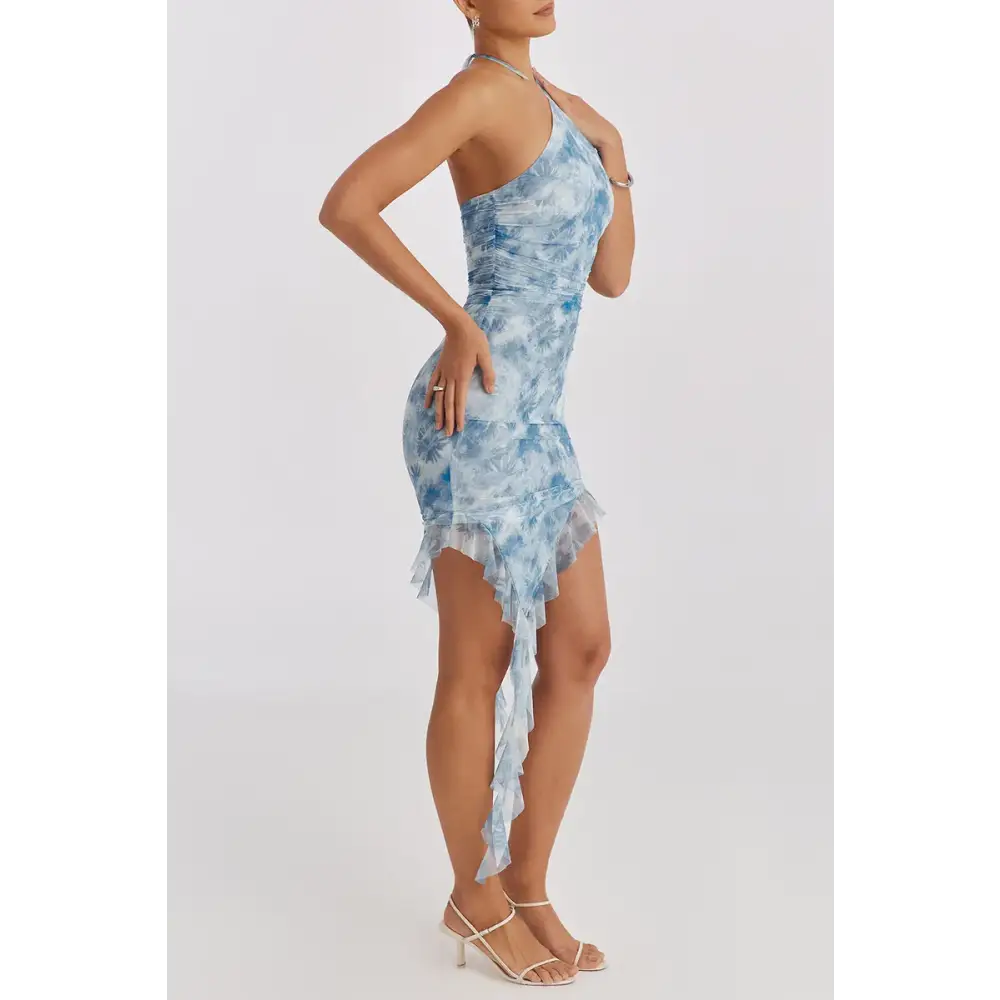 Mozision Blue Floral Print Ruffle Mini Dress Women Summer Off-shoulder Sleeveless Backless Bodycon Club Party Long