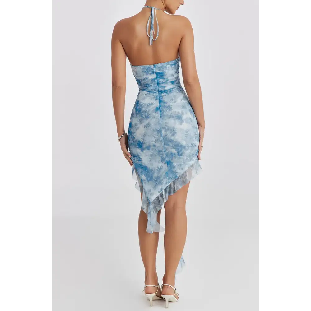 Mozision Blue Floral Print Ruffle Mini Dress Women Summer Off-shoulder Sleeveless Backless Bodycon Club Party Long