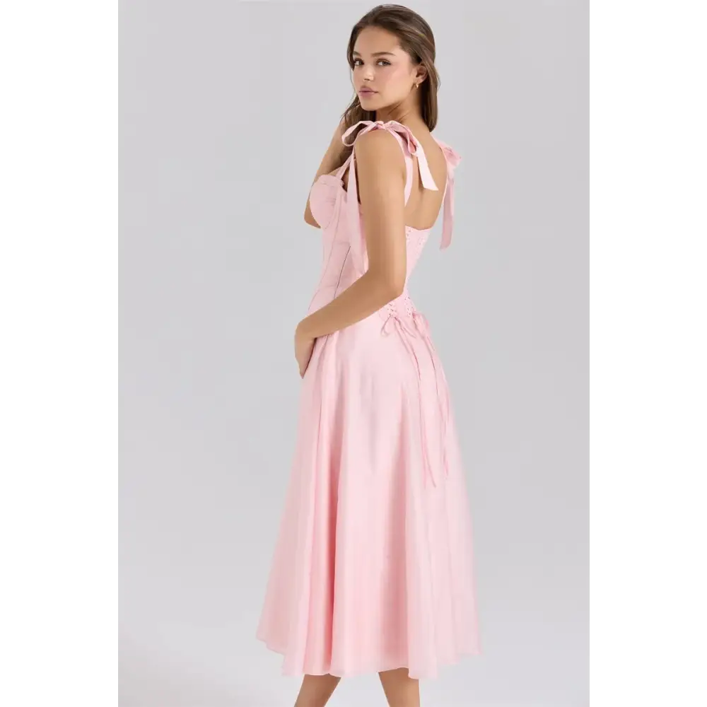 Mozision Pink Chiffon Tie Strap Sexy Midi Dress Women Pink Spaghetti Strap Sleeveless Backless Lace-up A-line Club