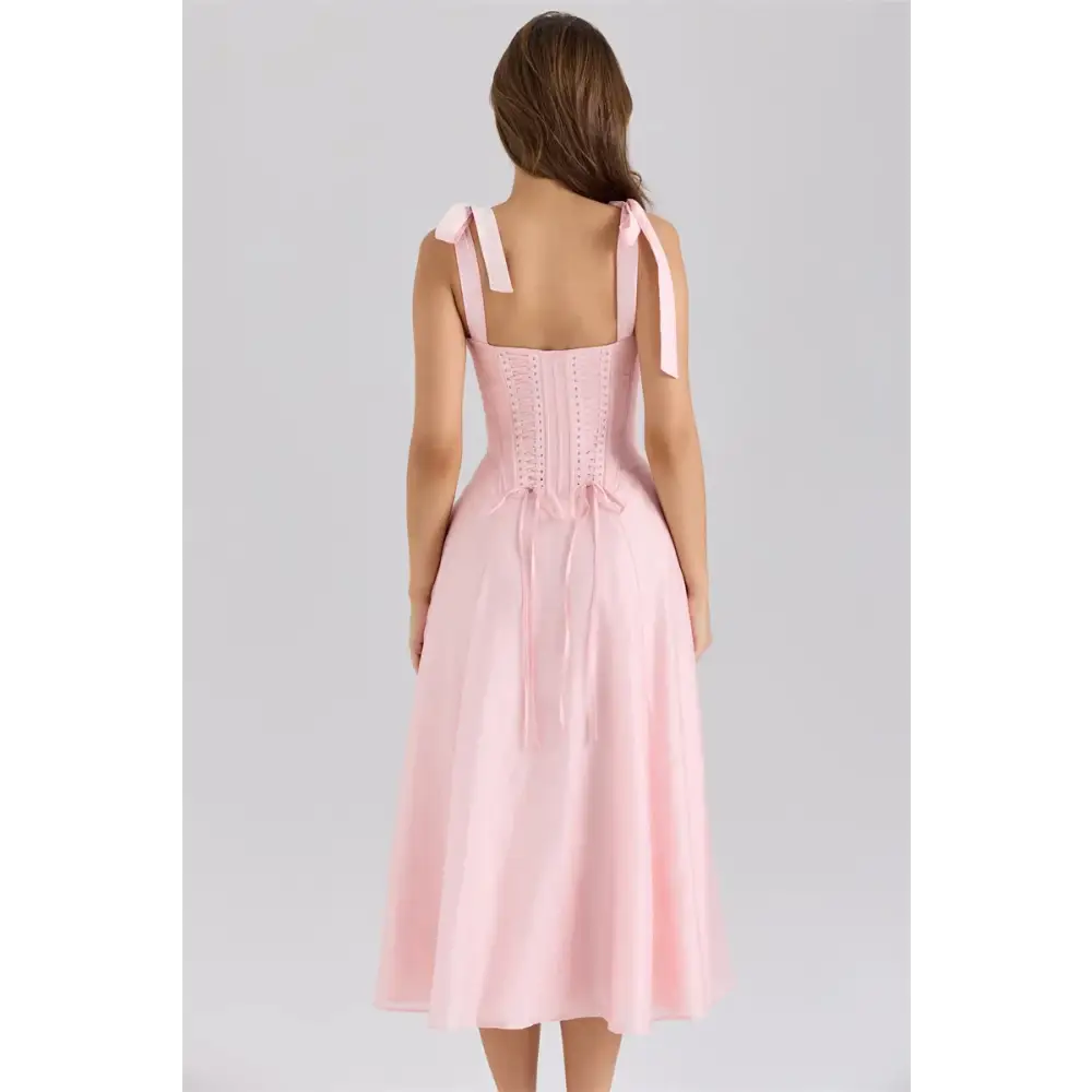 Mozision Pink Chiffon Tie Strap Sexy Midi Dress Women Pink Spaghetti Strap Sleeveless Backless Lace-up A-line Club