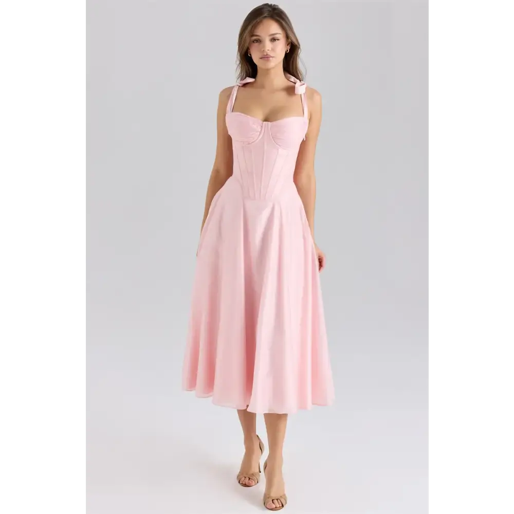 Mozision Pink Chiffon Tie Strap Sexy Midi Dress Women Pink Spaghetti Strap Sleeveless Backless Lace-up A-line Club