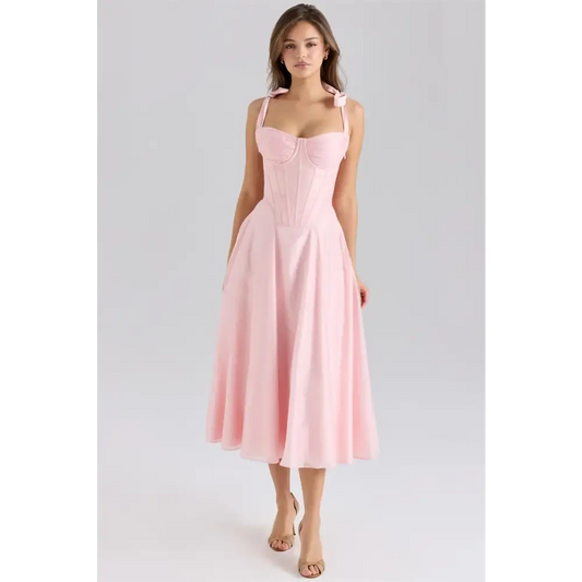 Mozision Pink Chiffon Tie Strap Sexy Midi Dress Women Pink Spaghetti Strap Sleeveless Backless Lace-up A-line Club