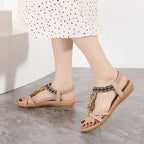 The Lady's Haven Boutique bohemian beaded summer sandals flat heel sandals in beige with decorative beads
