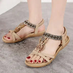 The Lady's Haven Boutique bohemian beaded summer sandals flat heel beige with decorative beads