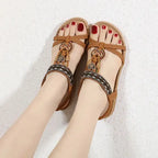 Bohemian beaded summer sandals flat heel in tan with decorative beads from The Lady's Haven Boutique