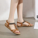 The Lady's Haven Boutique bohemian beaded summer sandals flat heel brown casual women's footwear