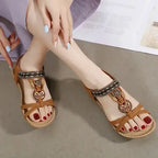 The Lady's Haven Boutique bohemian beaded summer sandals flat heel brown casual sandals