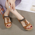 Bohemian beaded summer sandals flat heel style from The Lady's Haven Boutique in brown with decorative beadwork